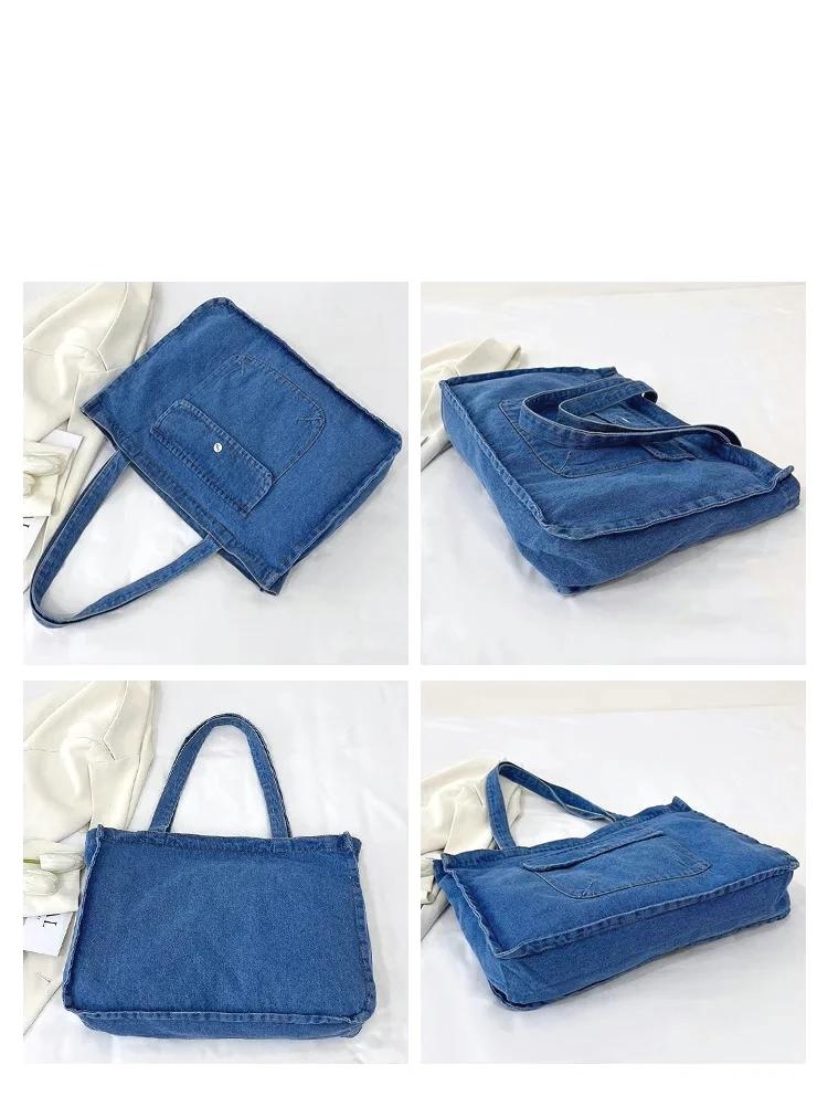 Casual Portable Women Denim Shoulder Bags Simple Large Capacity Ladies Handbags Solid Color College Style Female Tote Bag